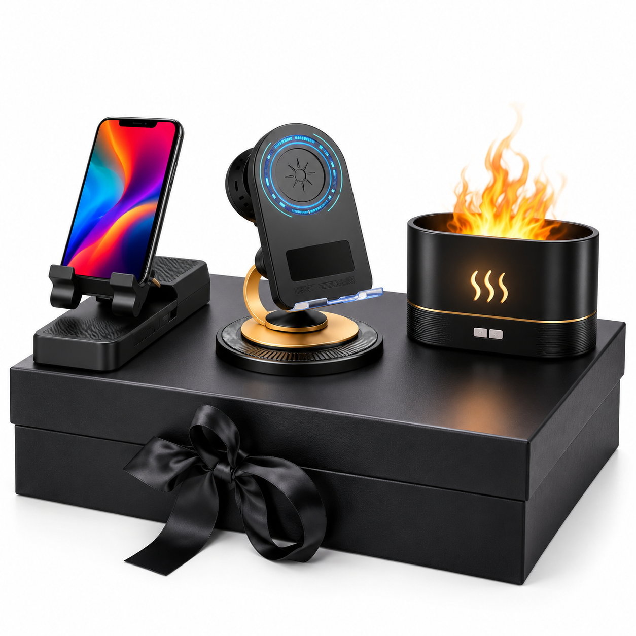 Tech Combo 04 – Boss Mobile Holder + Echo Speaker + Flame Humidifier with Gift Box