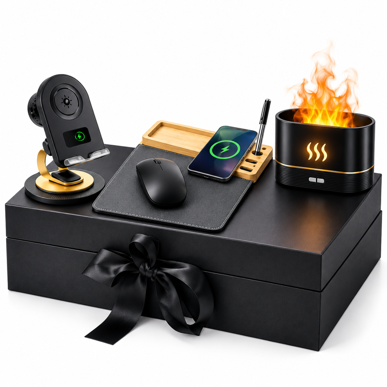 Tech Combo 05 – Echo Induction Speaker + 5-in-1 Wireless Charging Mouse Pad + Flame Humidifier with Gift Box